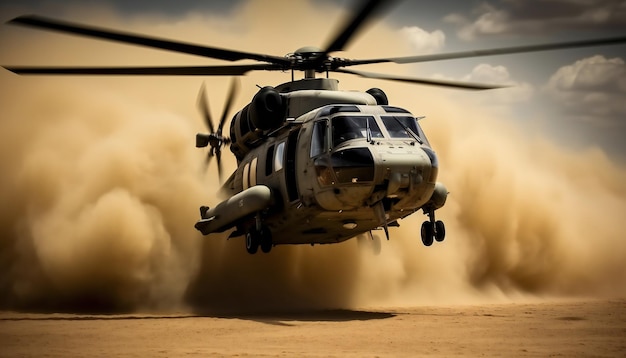 L'hélicoptère Black Hawk décolle dans d'épais nuages de poussière.
