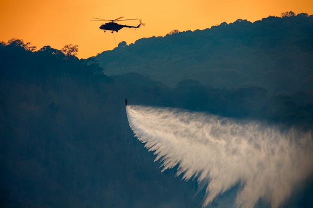 Hélicoptère déversant de l'eau sur un feu de forêt
