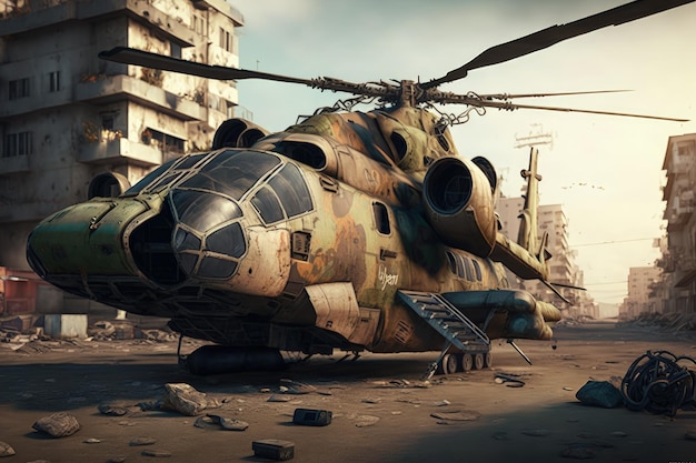 Hélicoptère écrasé dans une zone de guerre urbaine AI