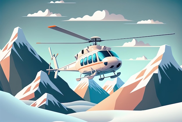 Hélicoptère encerclant les montagnes couvertes de neige dans le ciel