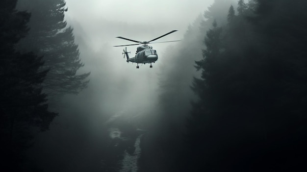 Un hélicoptère fantomatique blanc et gris survolant