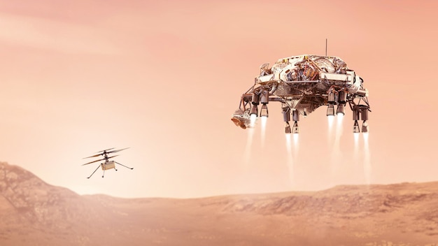 Hélicoptère d'ingéniosité et rover mars atterrissant sur les éléments de la planète rouge de cette image fournie par l'illustration de la NASA D