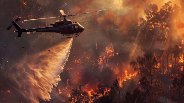 Un hélicoptère jetant de l'eau pour éteindre les flammes lors d'une opération de lutte contre les incendies de forêt démontrant des techniques de lutte contre l'incendie aérien en action