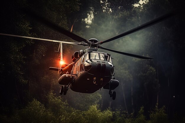 un hélicoptère avec la lettre n dessus vole dans la forêt
