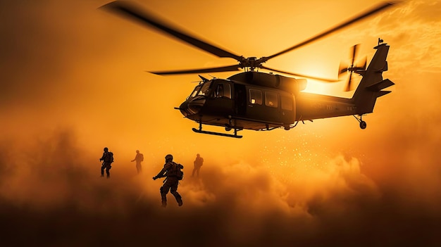 L'hélicoptère des Marines descend au coucher du soleil Generative Ai