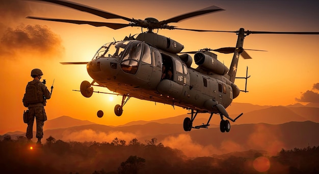 Hélicoptère militaire atterrissant dans le désert Soldats s'approchant d'un avion pour monter à bord Équipe d'assaut de la force spéciale en mission avec fond d'hélicoptère AI générative