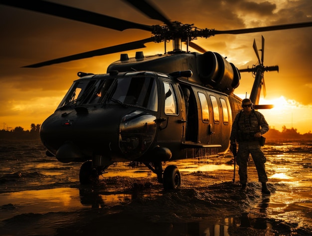 Photo l'hélicoptère militaire est la silhouette d'un soldat.