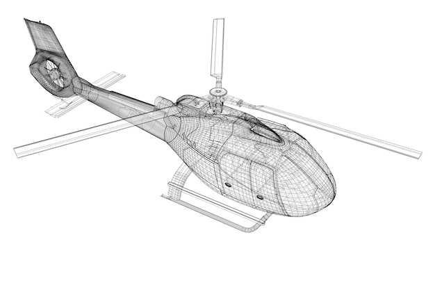 Photo hélicoptère, modèle 3d, structure du corps, modèle filaire