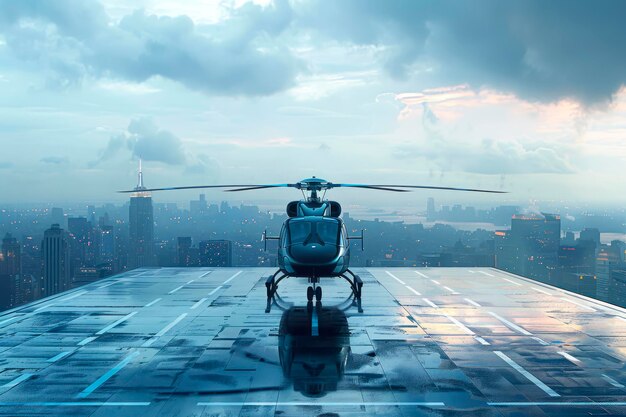 L'hélicoptère noir Skyhigh Drama est prêt pour le décollage sur la piste des gratte-ciel urbains.