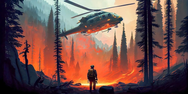 Hélicoptère de pompiers combattant le feu Ia générative