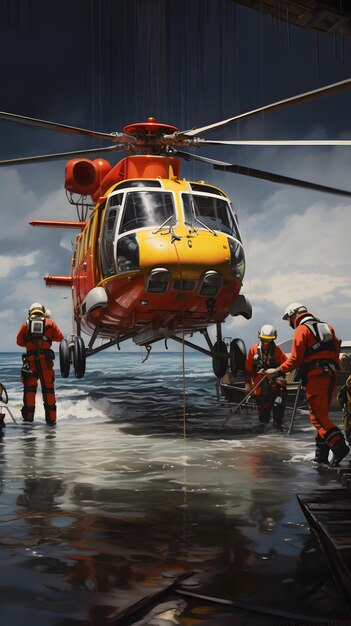 Hélicoptère Équipage à bord Urgence Perte de communication Eau Mer Plate-forme hyper réaliste