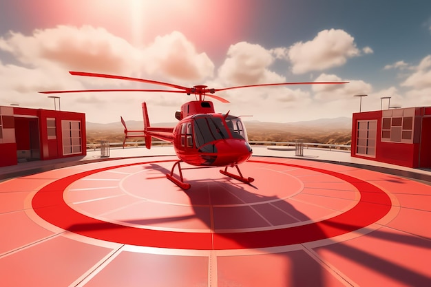 Photo un hélicoptère rouge sur un héliport avec des rayons solaires et un médecin aérien