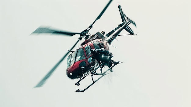 Photo hélicoptère rouge volant dans le ciel nuageux