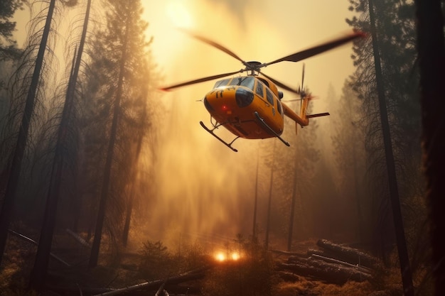 Un hélicoptère de sauvetage éteint un feu de forêt en laissant tomber une grande quantité d'eau sur une conifère en feu.