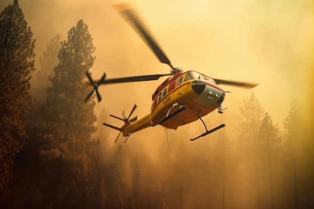 Photo un hélicoptère de sauvetage éteint un incendie de forêt en laissant tomber une grande quantité d'eau sur un conifère en feu