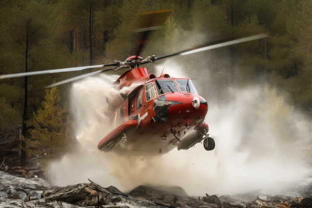 Un hélicoptère de sauvetage éteint un incendie de forêt en laissant tomber une grande quantité d'eau sur une forêt de conifères en feu Sauver les forêts en combattant les incendies de forêt Gros plan vue de face rendu 3D