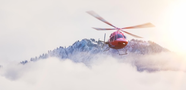 Hélicoptère survolant les montagnes Rocheuses lors d'un coucher de soleil coloré