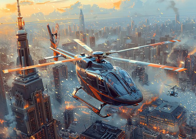 un hélicoptère survolant une ville avec une ville en arrière-plan