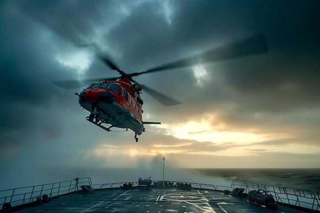 Photo un hélicoptère survole un bateau dans l'océan