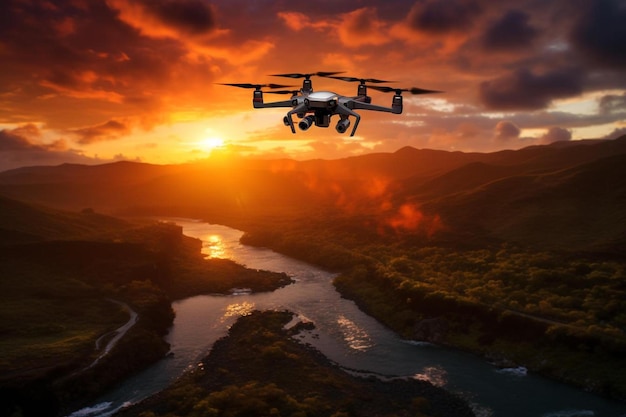 Un hélicoptère survole une montagne au coucher du soleil.