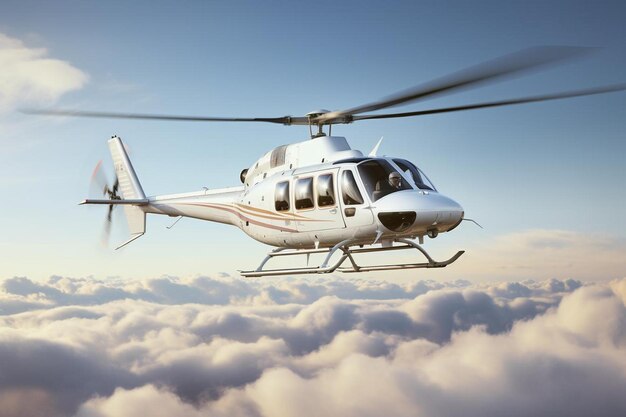 hélicoptère volant au-dessus des nuages avec un fond de ciel bleu