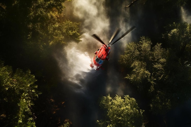 Photo un hélicoptère volant à travers une forêt remplie de fumée