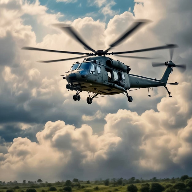 un hélicoptère vole à travers les nuages avec les mots " n "