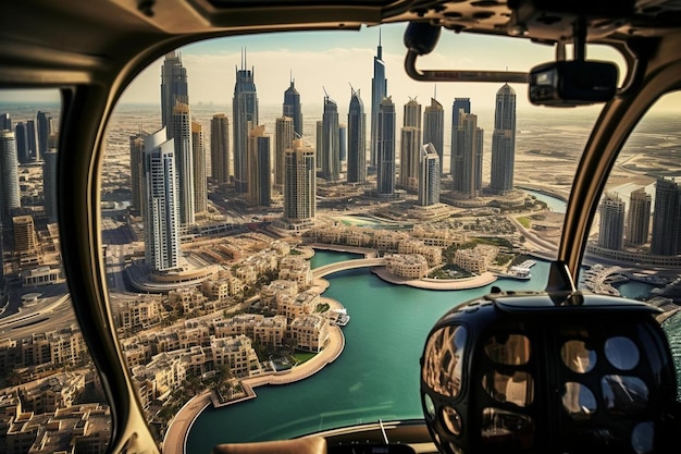 un hélicoptère avec une vue sur la ville de la ville