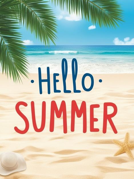 Hello Summer Poster Design sur fond de scène de plage et le mot hello summer