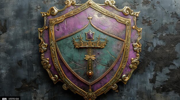 Helmet de bataille héraldique d'or violet vert et couronné sur un bouclier violet