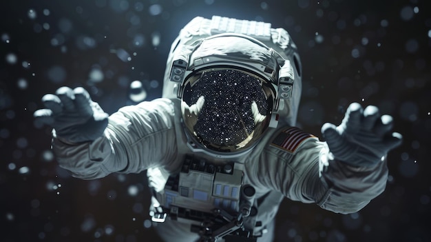 Helmet et gants spatiaux d'astronautes flottant dans la gravité zéro