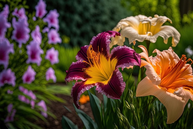 Hémérocalle dans un jardin avec d'autres fleurs épanouies en été rose et lys brillant