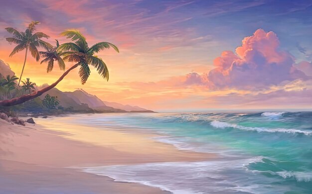 Henry style rivière couleurs pastel léger doux une plage palmiers beau horizon style minimaliste