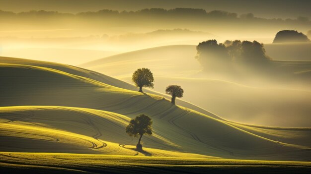 L'herbe brumeuse sur les collines Une photo captivante de la vallée