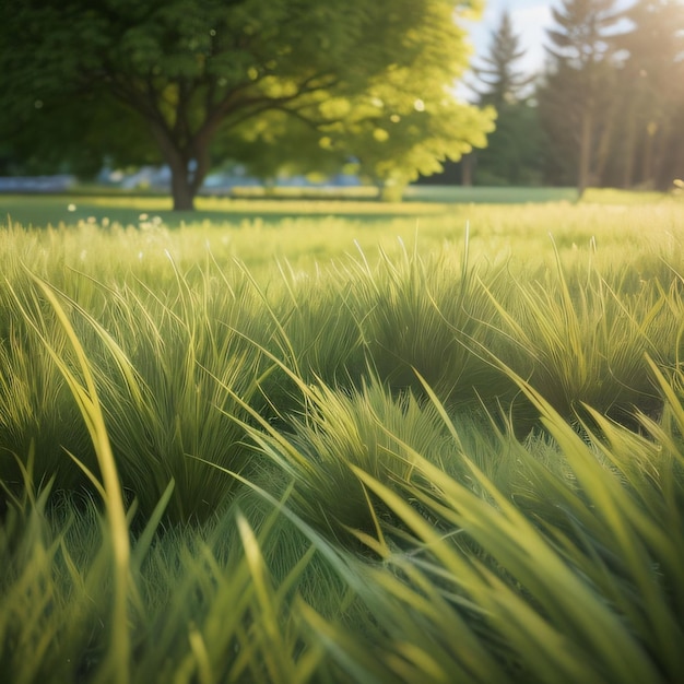 Herbe dans un champ avec le soleil qui brille à travers les arbres