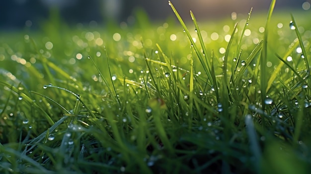 Herbe fraîche verte dans la rosée du matin avec bokeh naturel