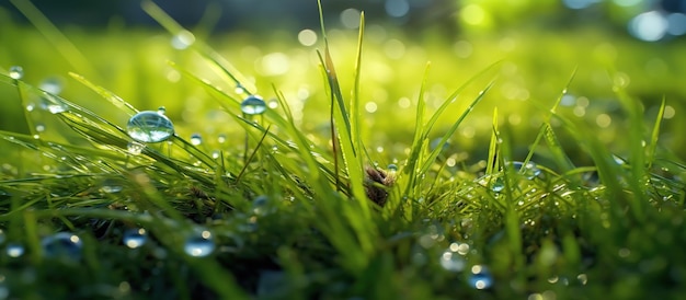 Herbe fraîche verte dans la rosée du matin avec bokeh naturel