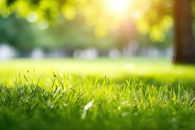 Herbe de jardin verte au printemps printemps en arrière-plan et feuilles d'arbres