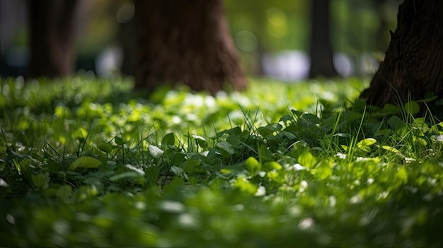 Herbe de jardin verte au printemps printemps en arrière-plan et feuilles d'arbres