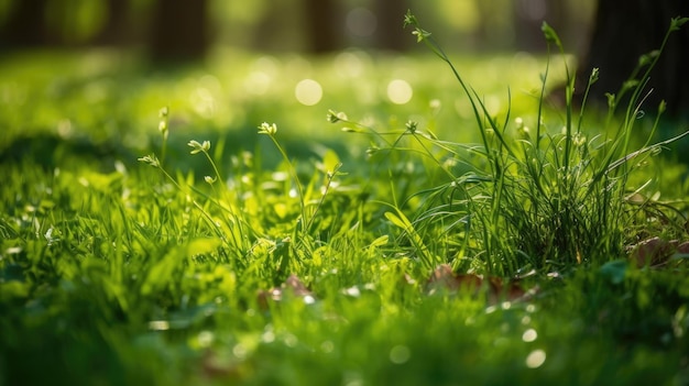 Herbe de jardin verte au printemps printemps en arrière-plan et feuilles d'arbres