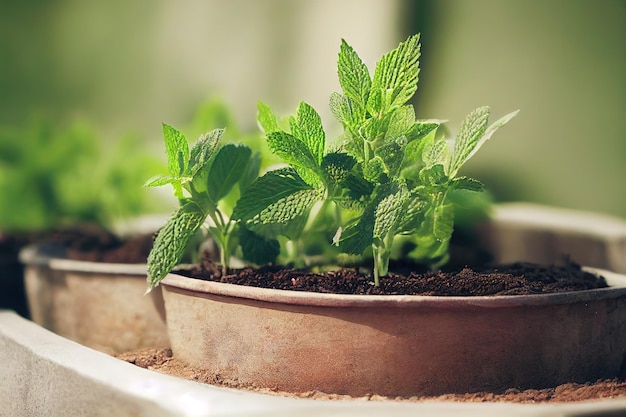 Herbe de menthe poivrée verte poussant dans un pot