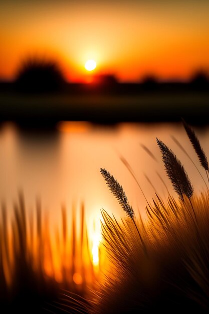 Herbe de la pampa sur la rivière en été Fond naturel de roseaux secs dorés au coucher du soleil