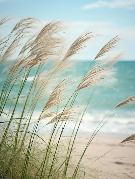 Photo herbe sur la plage avec l'océan en arrière-plan