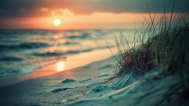 Photo l'herbe sur la plage près de la mer au coucher du soleil