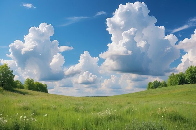 Photo l'herbe de prairie et le ciel bleu avec le cumulus