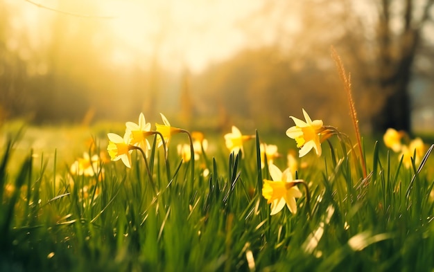 herbe de printemps avec des jonquilles en arrière-plan