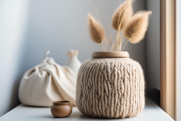 Herbe de queue de lapin dans un beau vase beige Stockage en bois Illustration AI Générative