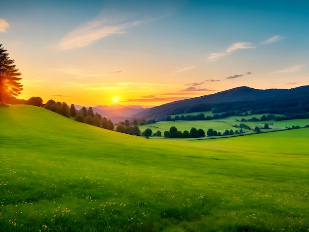 L'herbe sauvage sur la terre et le beau coucher de soleil sur les montagnes