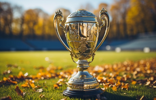 Sur l'herbe d'un stade de football une coupe de trophée en métal doré