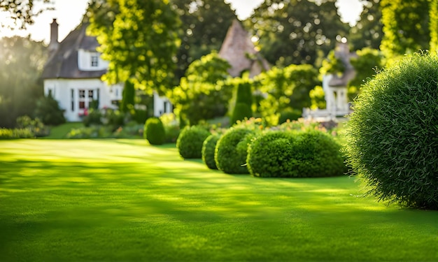 L'herbe verte au premier plan d'une large maison de campagne de prairie en arrière-plan